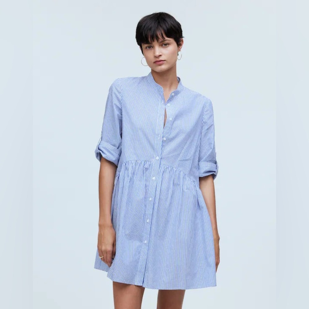 Madewell Button-Front Gathered Mini Dress in Stripe Poplin